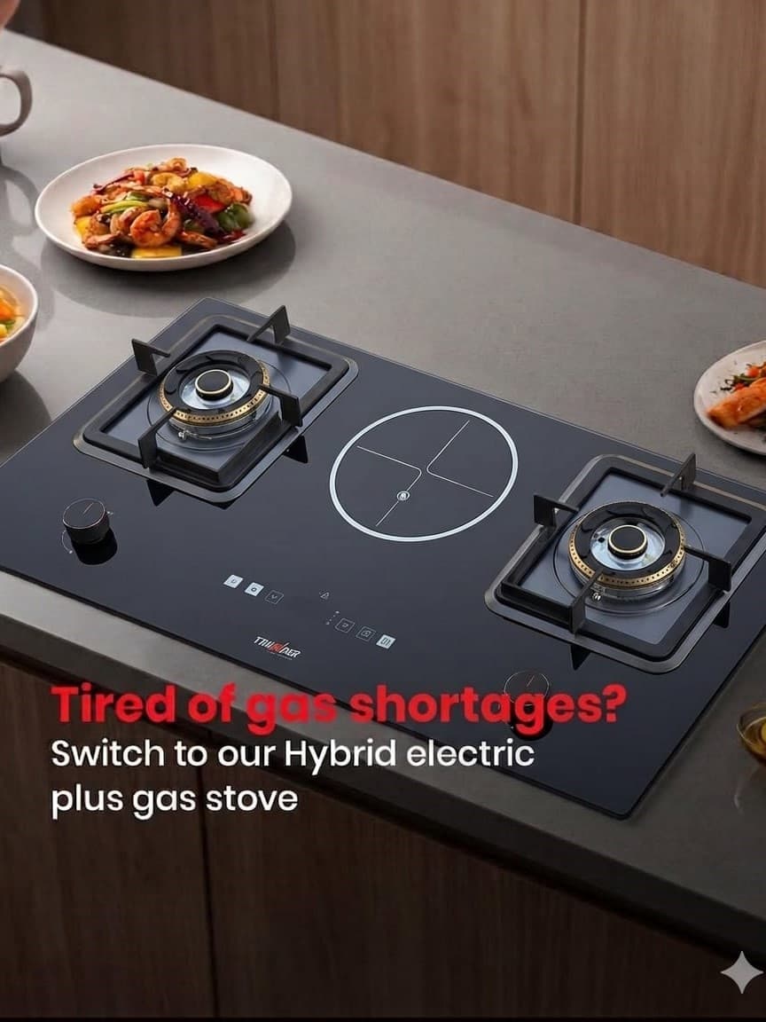 Modern 3-zone hybrid stove with dual gas burners and a central electric plate.