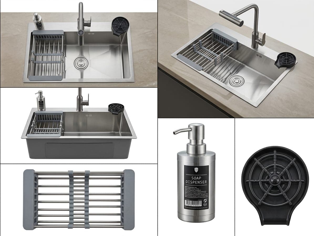Complete kitchen sink set (60×45) with adjustable basket, 4-way faucet, glass washer, and stainless steel soap dispenser.