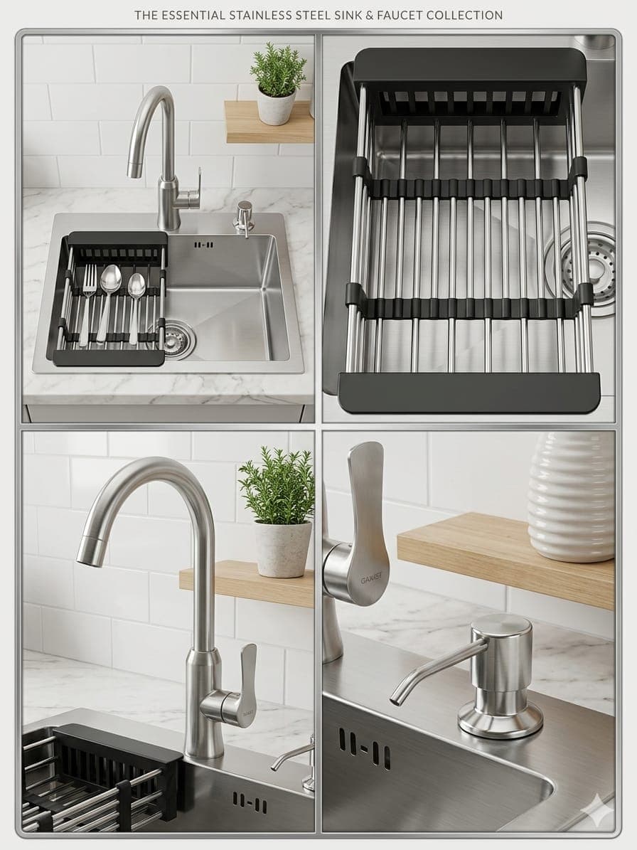 Compact kitchen sink bowl (50×40) with heavy stainless steel faucet, glass washer, adjustable basket, and waste set.