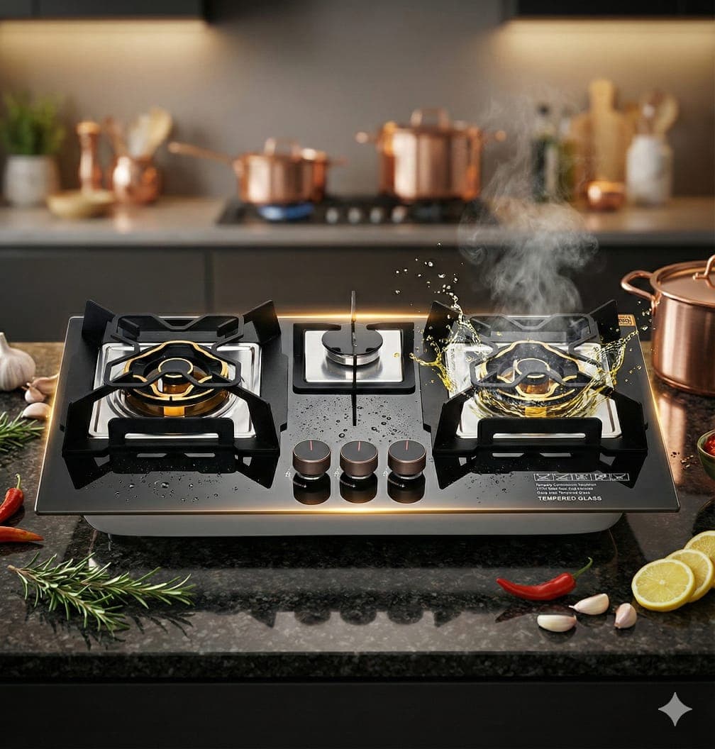 Black Glass Hob with CNC grill and brass EPS burner (16×28 size)
